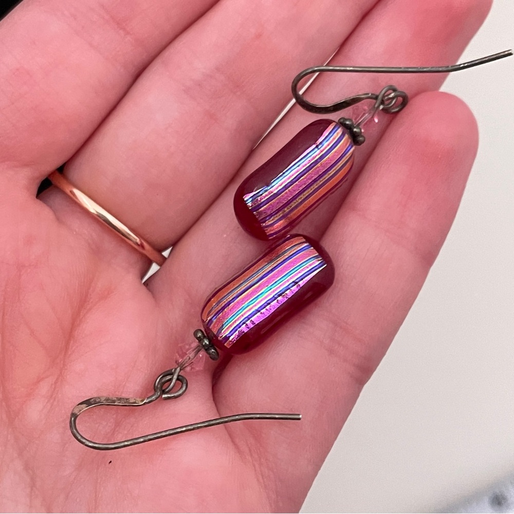 Red GLASS Summer Beach Hippie Festival Mermaid Fairy Geometric Stripped Earrings - Picture 6 of 8